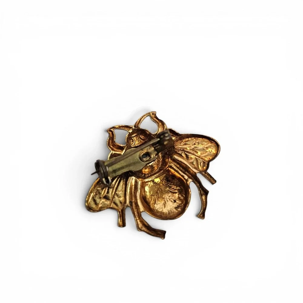 Vintage Midcentury Gold Tone Bumble Bee Brooch Blue Rhinestone Insect Pin Small